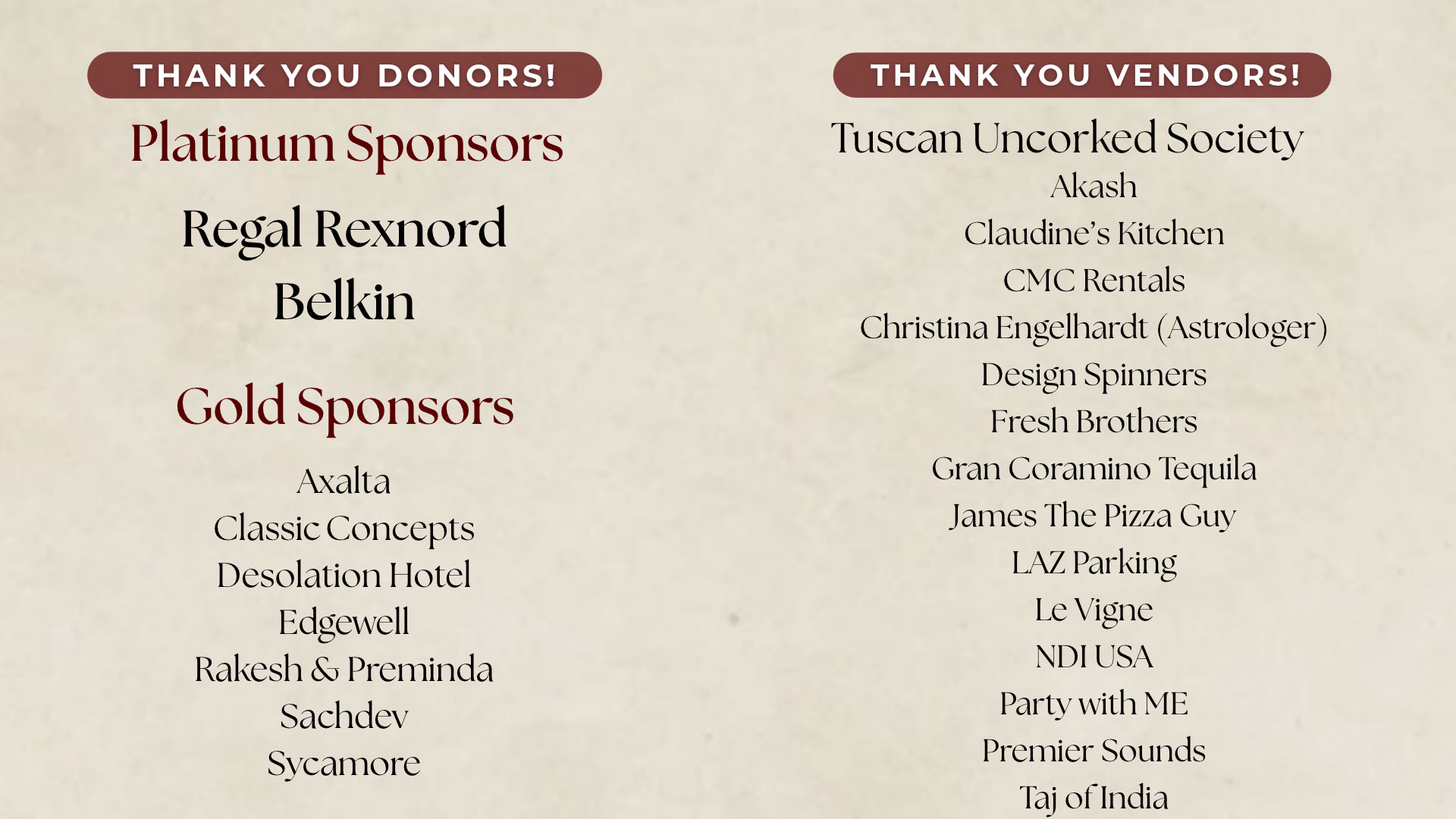 SIP & SUPPORT donors and vendors